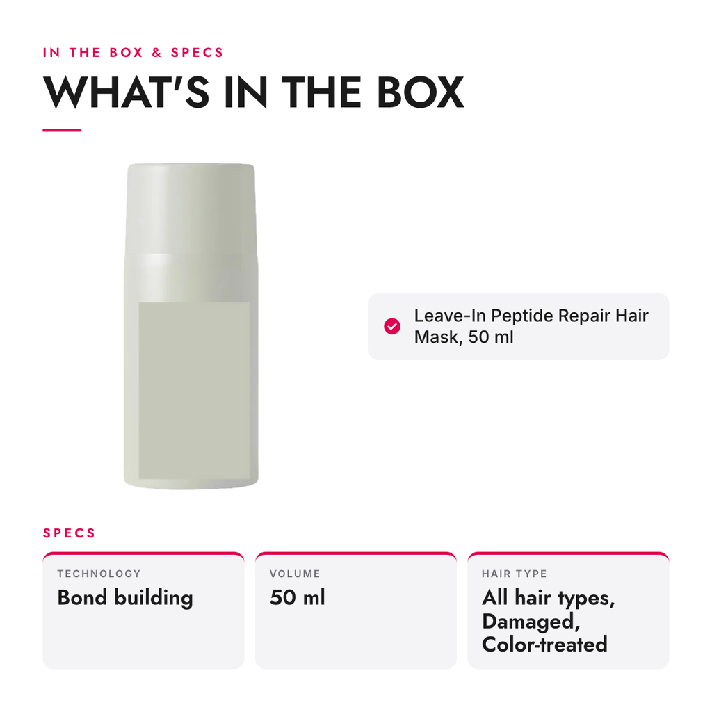What's in the box and specifications: Leave-In Peptide Repair Hair Mask, 50 ml