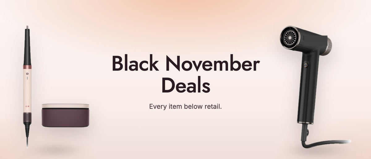 Black November Deals. Every item below retail. Air styler and hair dryer on a blush studio backdrop