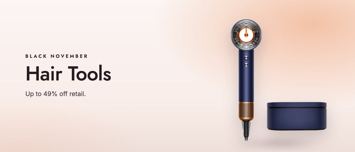 Hair Tools. Up to 49% off retail. High-speed hair dryer with its case on a blush studio backdrop