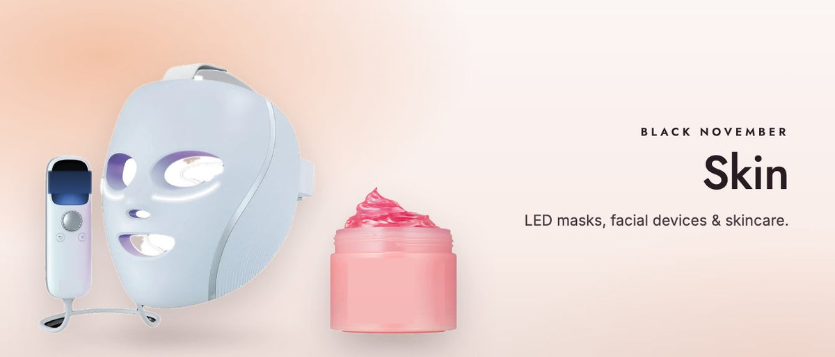 Skin. LED masks, facial devices and skincare. LED face mask and a jar of cream on a blush studio backdrop